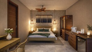 A bedroom with a bed, bedside tables, a desk, a chair, a wardrobe, a mirror, and a ceiling fan. - Secret Paradise Resort (San Vicente)
