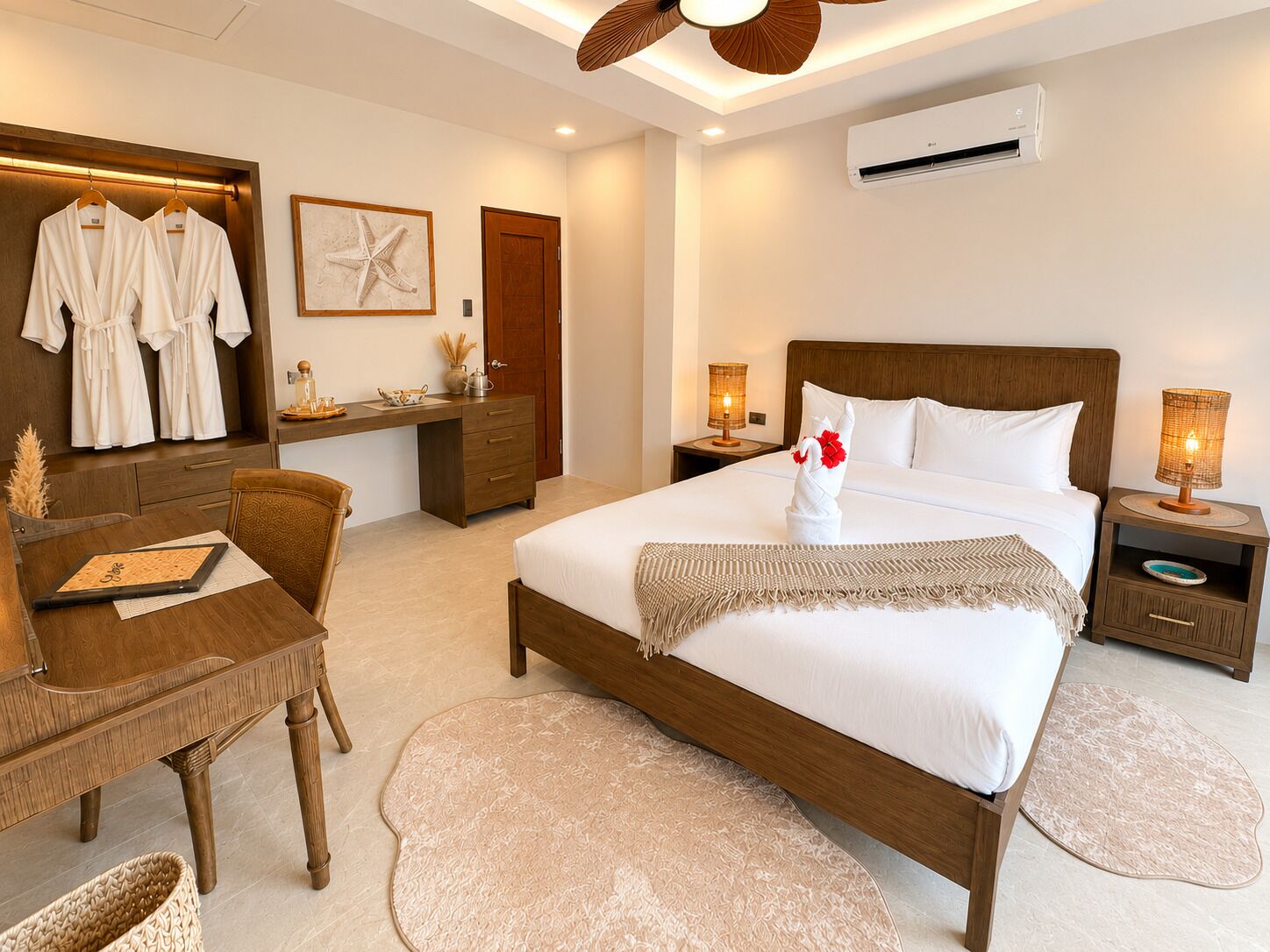 A hotel room with a bed, a desk, a chair, a wardrobe, a nightstand, and a wall-mounted air conditioner.
