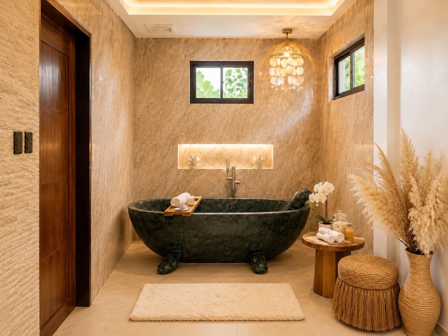 A bathroom with a freestanding bathtub, a wooden door, a wall-mounted light fixture, and a small window.