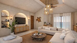 Grand Villa, Beach View | Living area | 50-inch flat-screen TV with digital channels