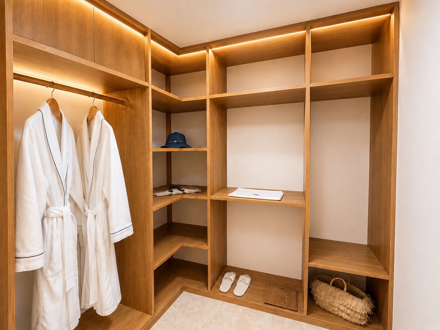 A walk-in closet with wooden shelving, a robe rack, and a pair of slippers.