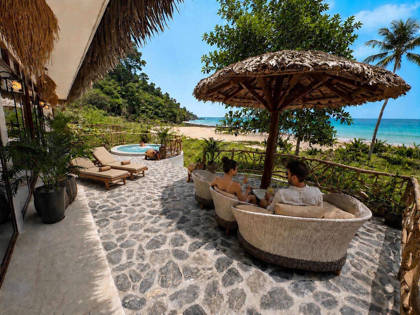 A beachside lounge with wicker furniture, a pool, and a view of the ocean.