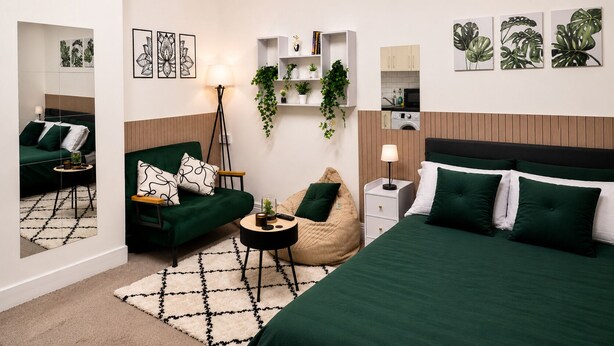 A modern bedroom with a large bed, a green sofa, a bean bag, a small round table, and a nightstand. - Welcome to The Angel Studio, located in the heart of vibrant Angel, Islington, (London)