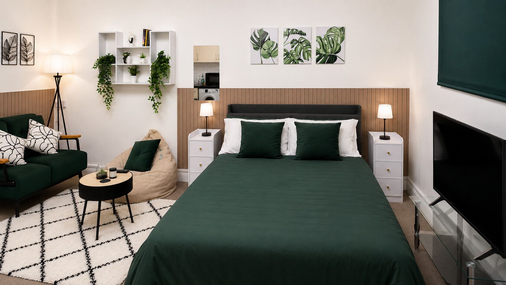 A modern bedroom with a large bed, bedside tables, a sofa, a bean bag, and a TV.