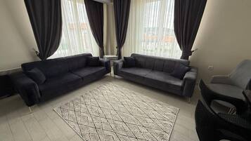 Una sala moderna con dos sofás, un tapete estampado y un sillón.