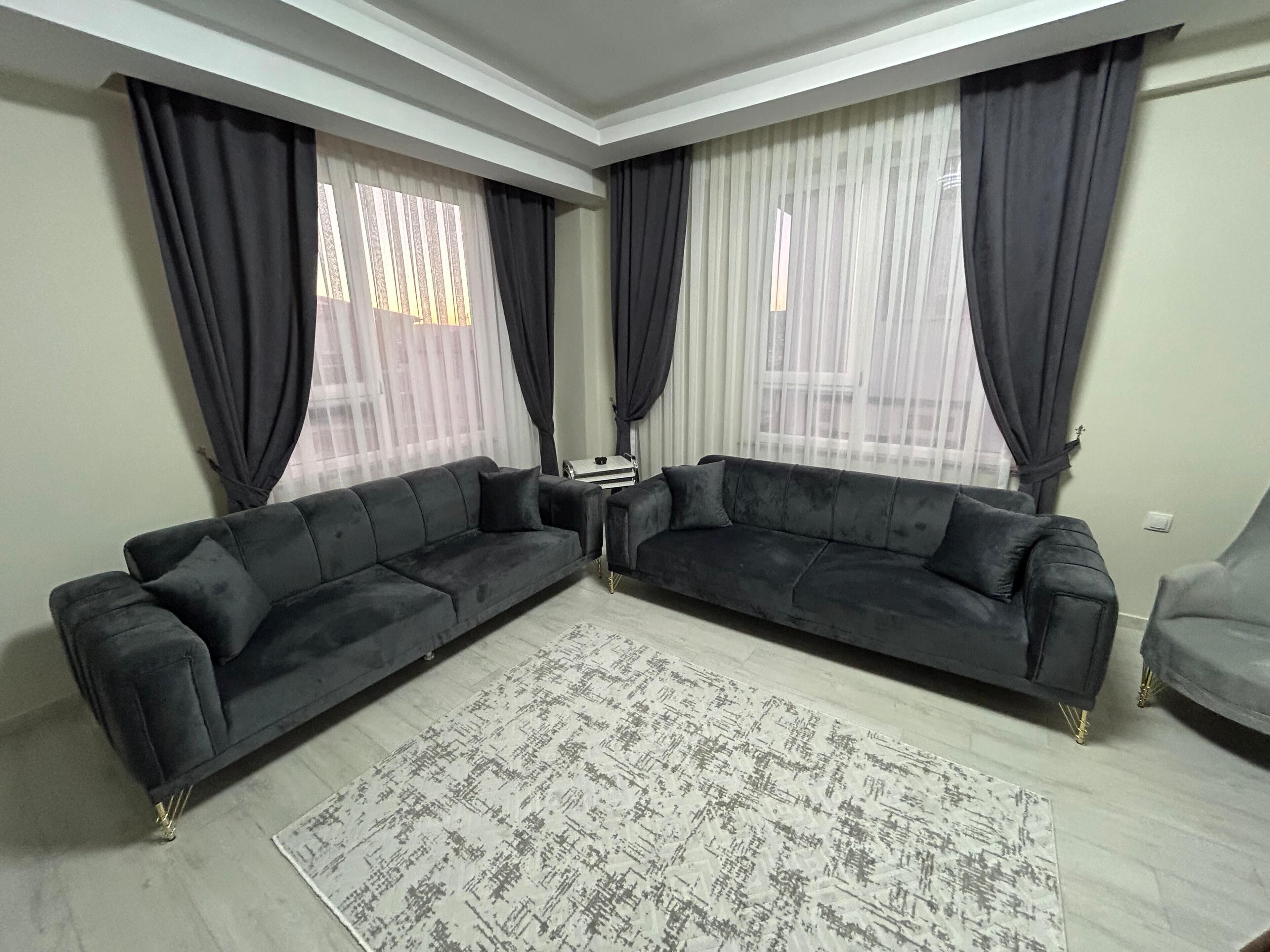 A living room with two dark sofas, a patterned rug, and sheer curtains on the windows.