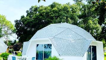 A dome-shaped building with a white exterior and large windows, surrounded by greenery.