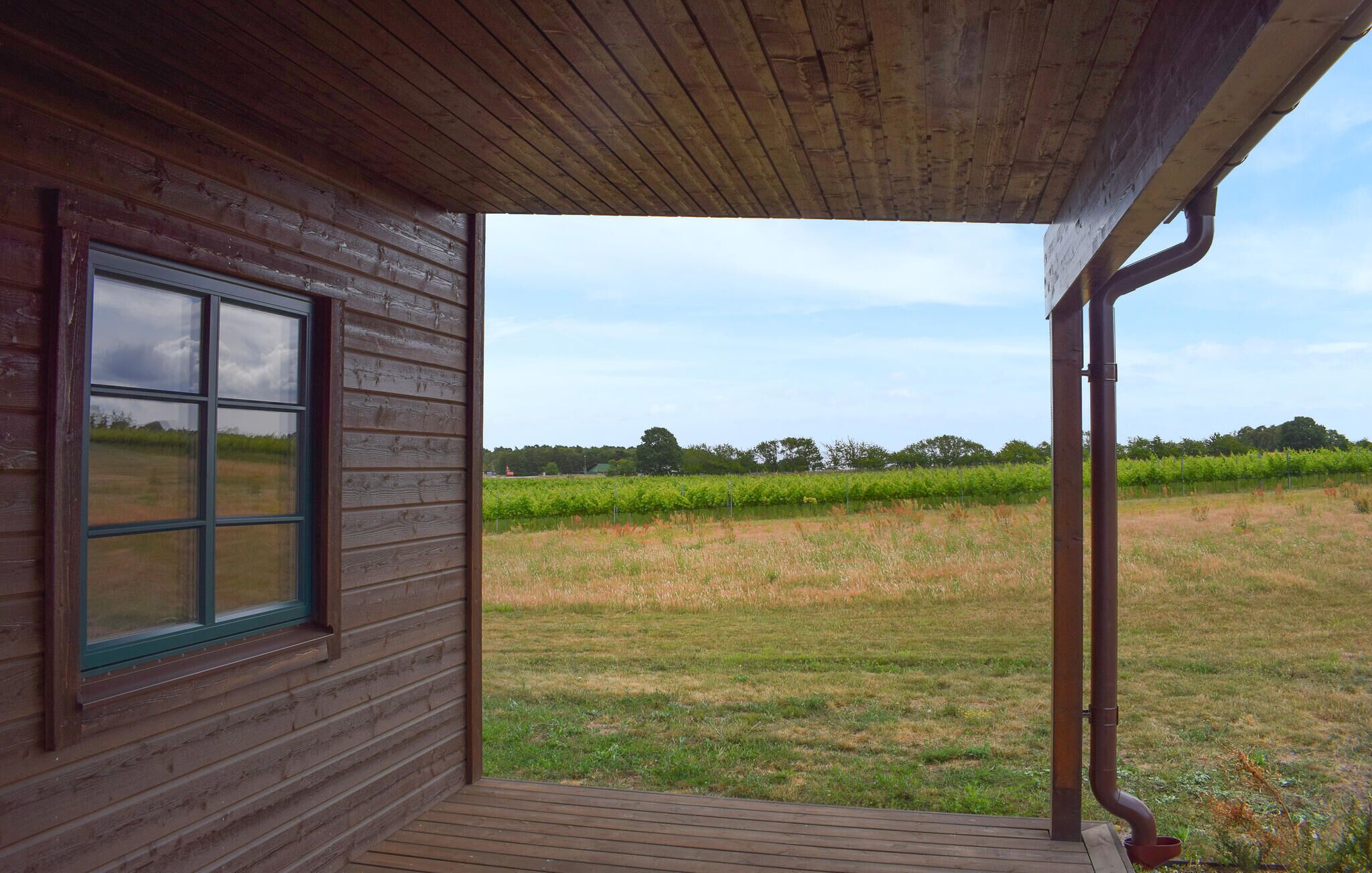 Une cabane en bois dotée d’un porche et d’une fenêtre donnant sur un champ verdoyant.