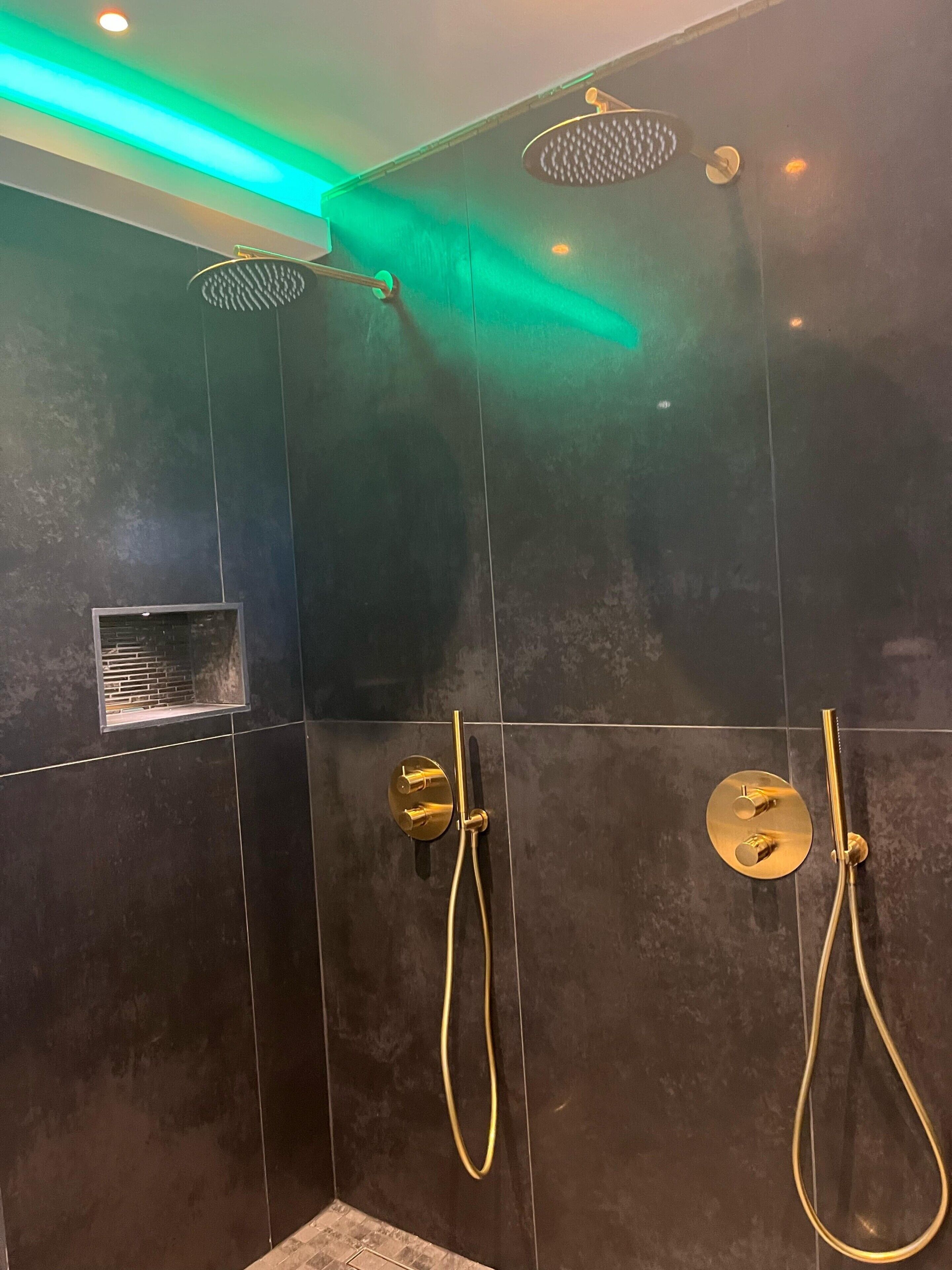 Chuveiro, secador de cabelo, toalhas de banho 