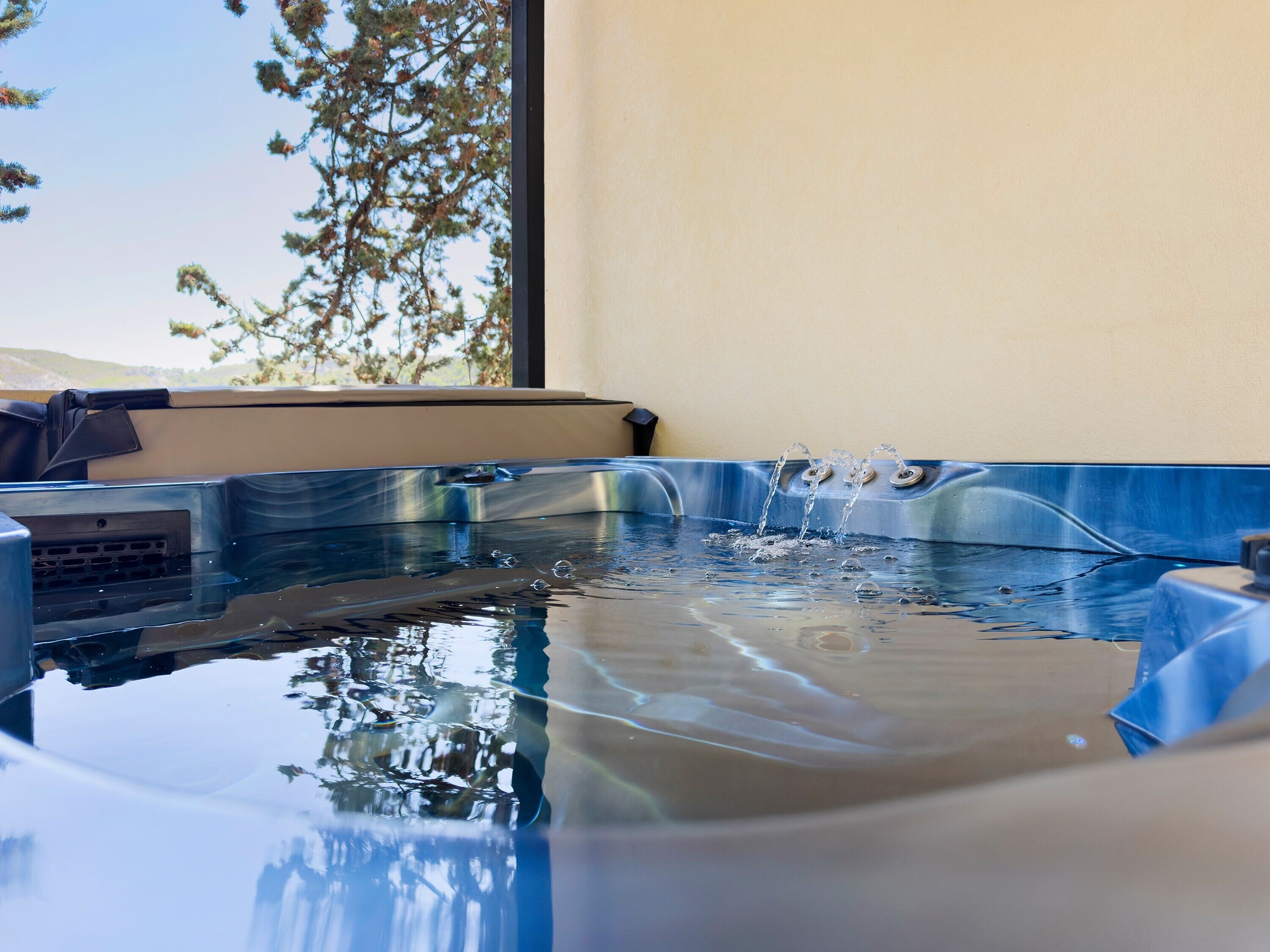 Un bain à remous avec jets d’eau, une fenêtre donnant sur les arbres et un mur de couleur beige.