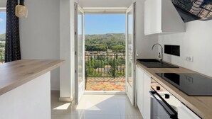 Eine moderne Küche mit Blick auf einen farbenfrohen Balkon und eine reizvolle Landschaft.