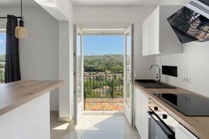 Eine moderne Küche mit Blick auf einen farbenfrohen Balkon und eine reizvolle Landschaft.