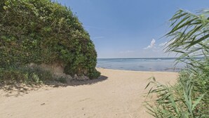 Ein Sandstrand mit Vegetation links und freier Sicht auf den Ozean.