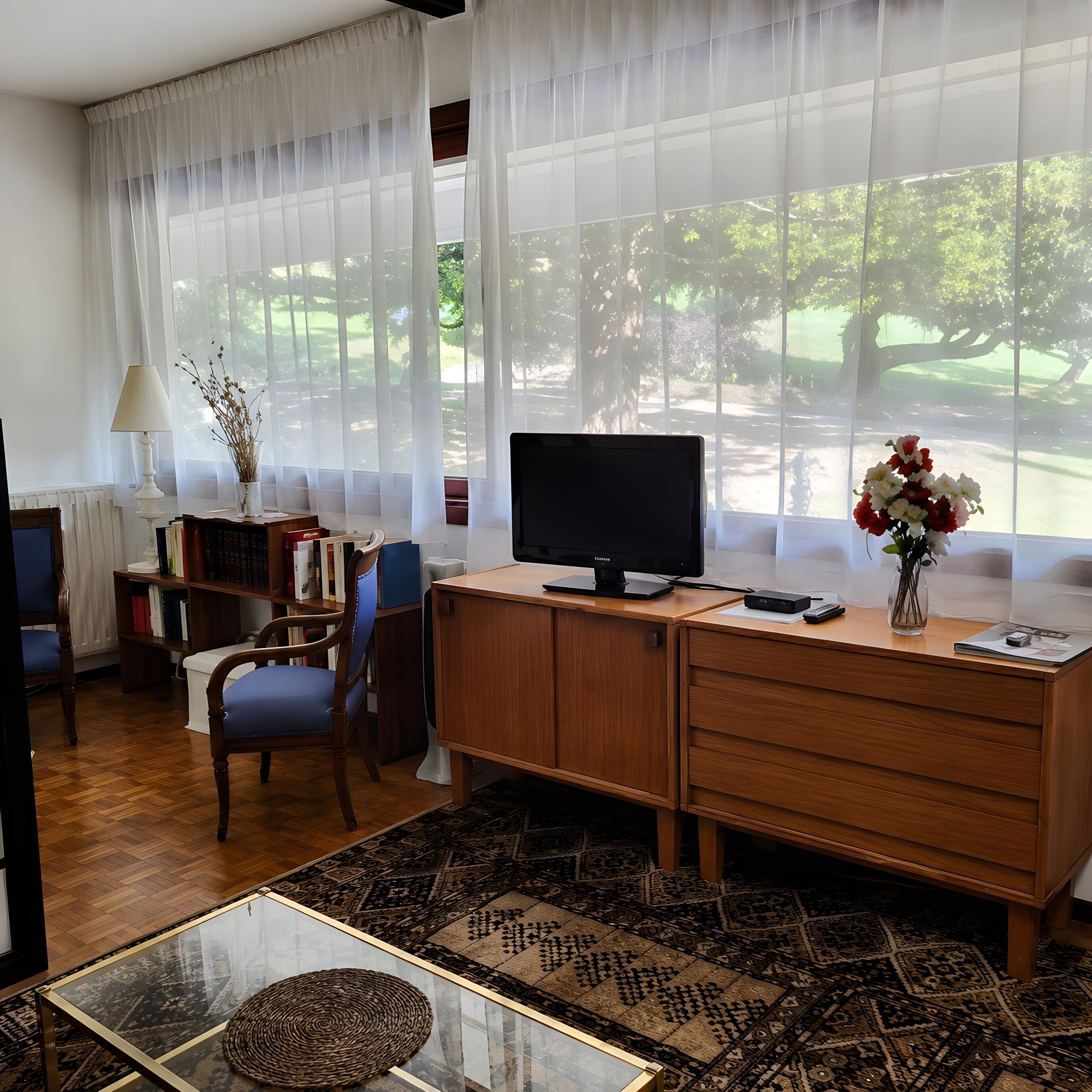 Ein Zimmer mit Schreibtisch, Stuhl, Fernseher und Blick auf einen Park durch leichte Vorhänge.