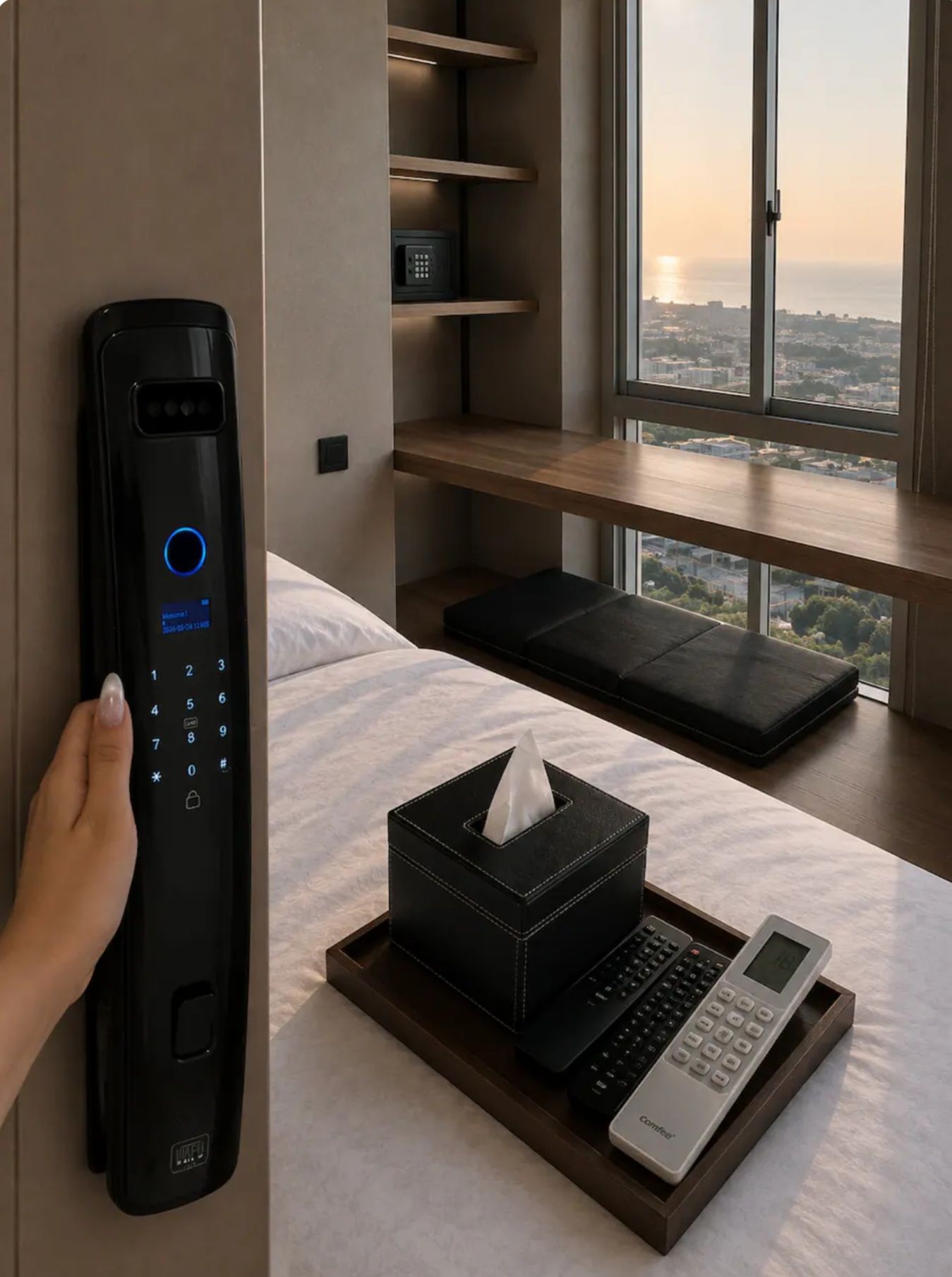 Habitación de hotel con cama, mesita de noche con caja de pañuelos y control remoto, intercomunicador en la pared, y vista de la ciudad a través de un ventanal grande.