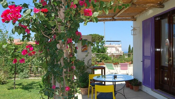 Een overdekt terras met een tafel en stoelen, omgeven door een tuin vol bougainvillea.