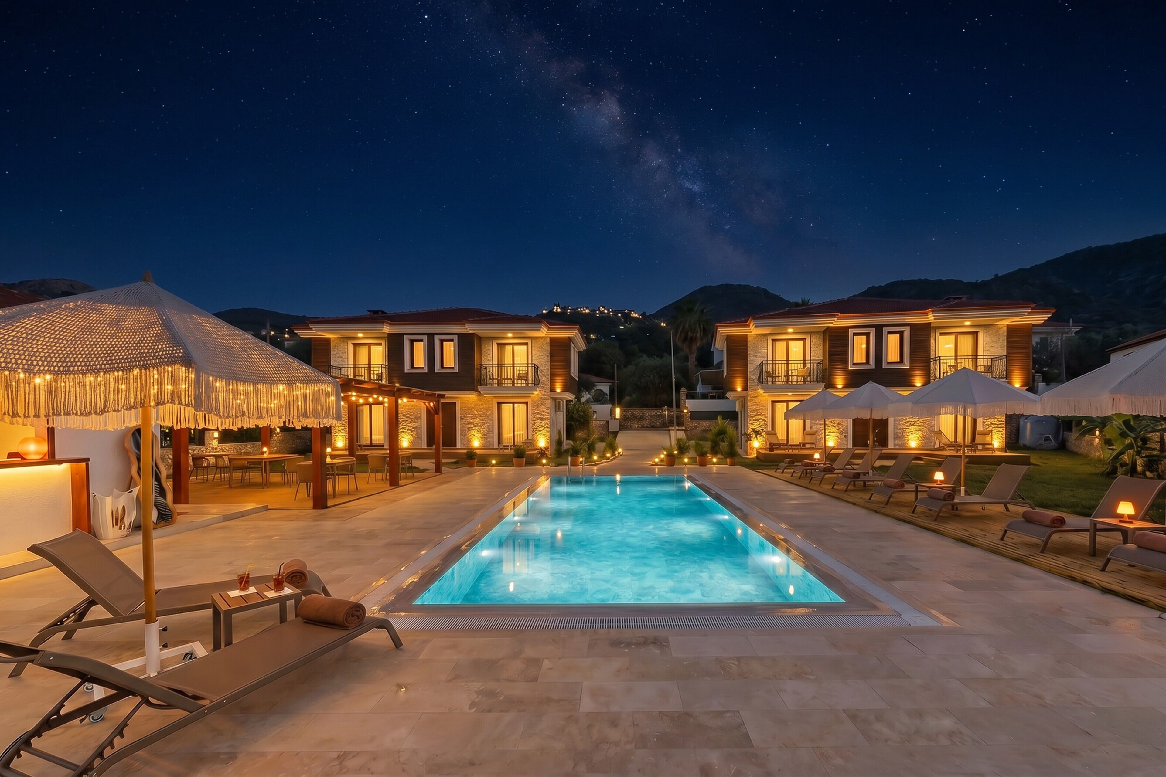 A hotel with a swimming pool, outdoor seating, and a view of the night sky.