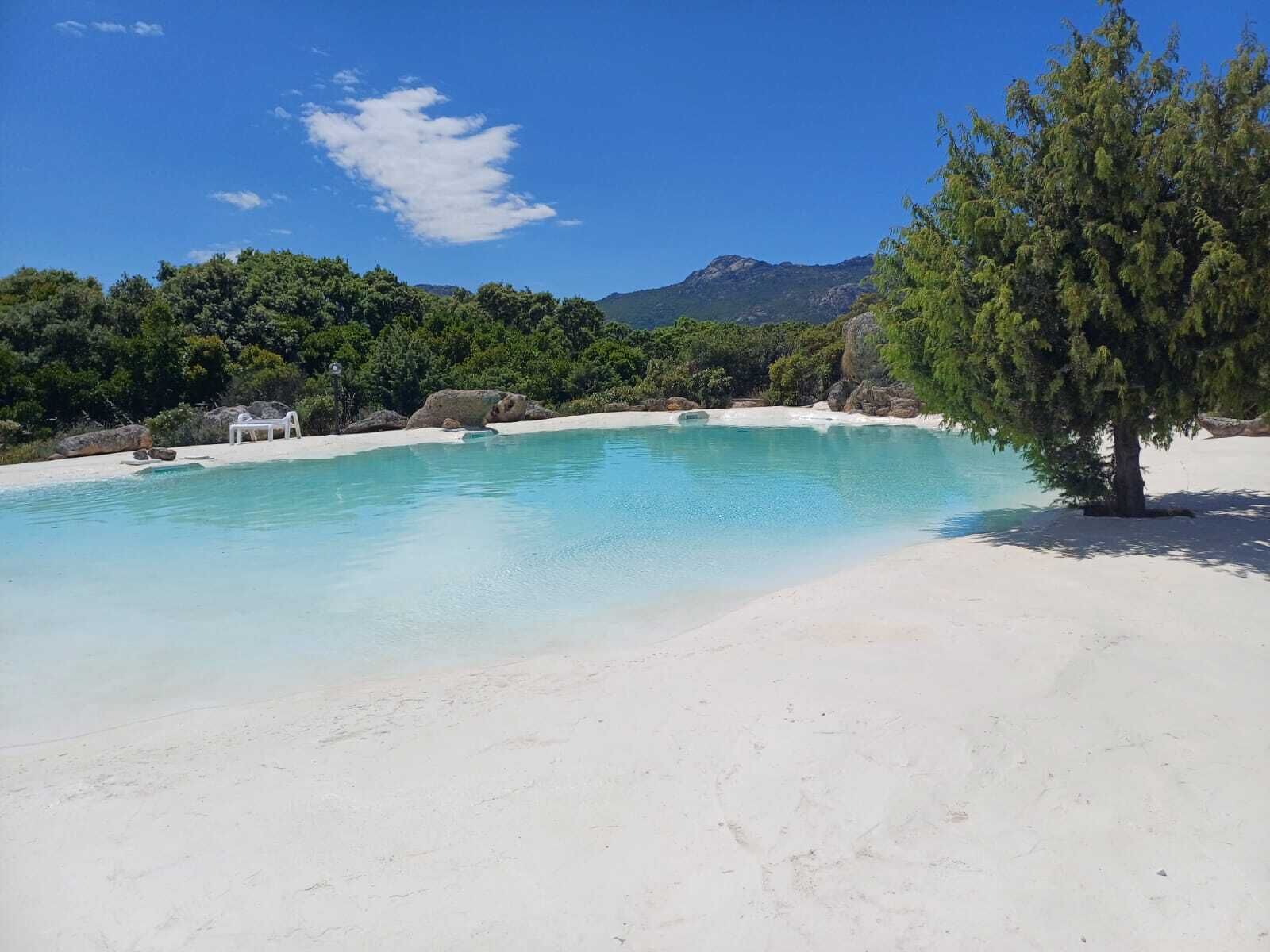 Une piscine d’un bleu éclatant, entourée de sable blanc, avec un arbre et un fauteuil de relaxation visibles.