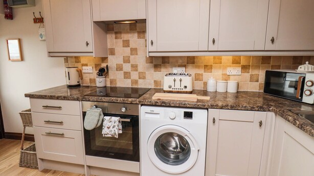 A compact kitchen with a washing machine, a toaster, and a microwave. - Wren's Nest (Whitby)