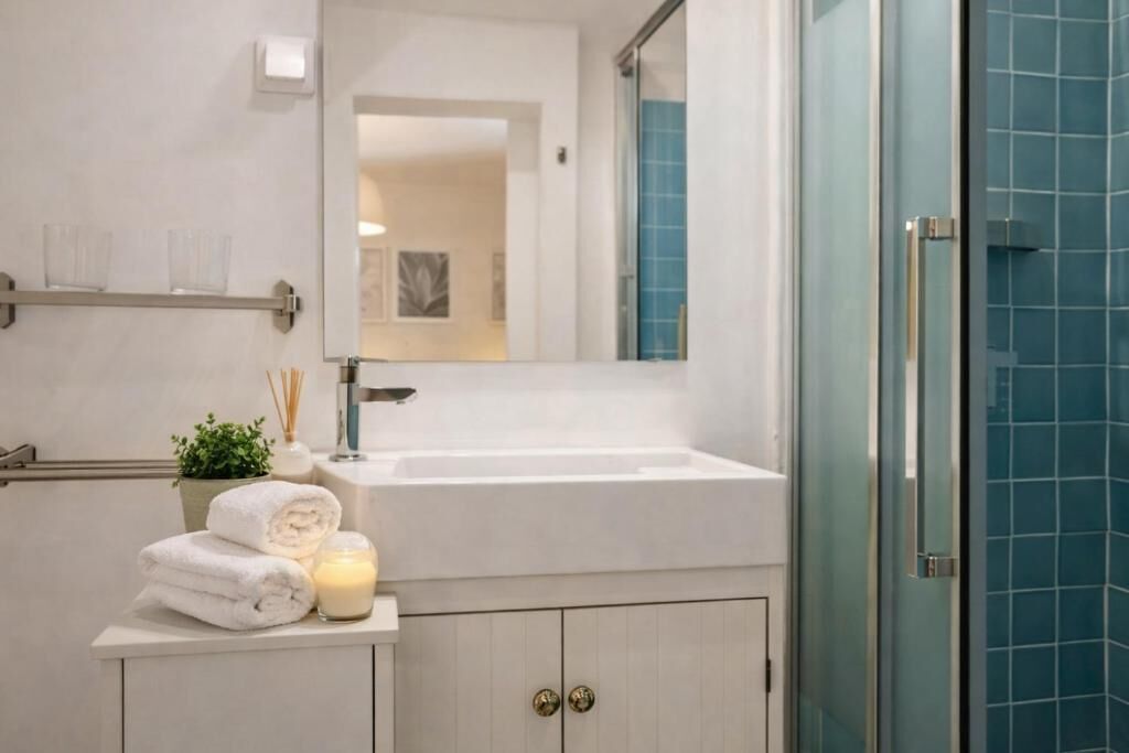 Un baño con lavamanos blanco, un espejo, cabina de ducha de vidrio y toallero con toallas dobladas.