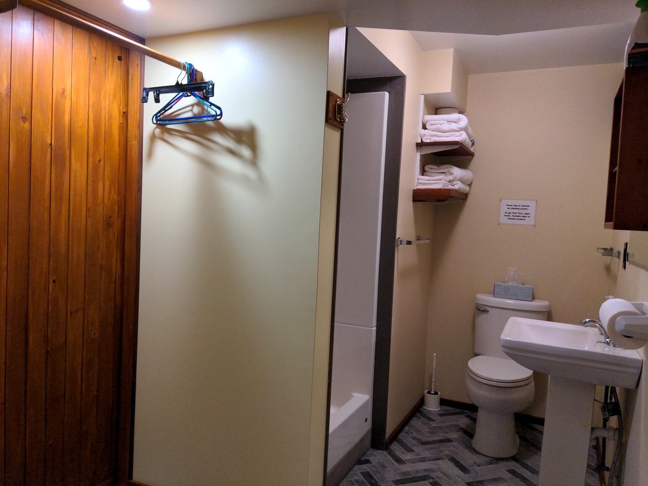 Hair dryer, towels, soap, shampoo