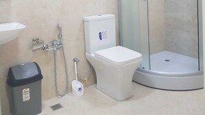 Shower, soap, shampoo, toilet paper