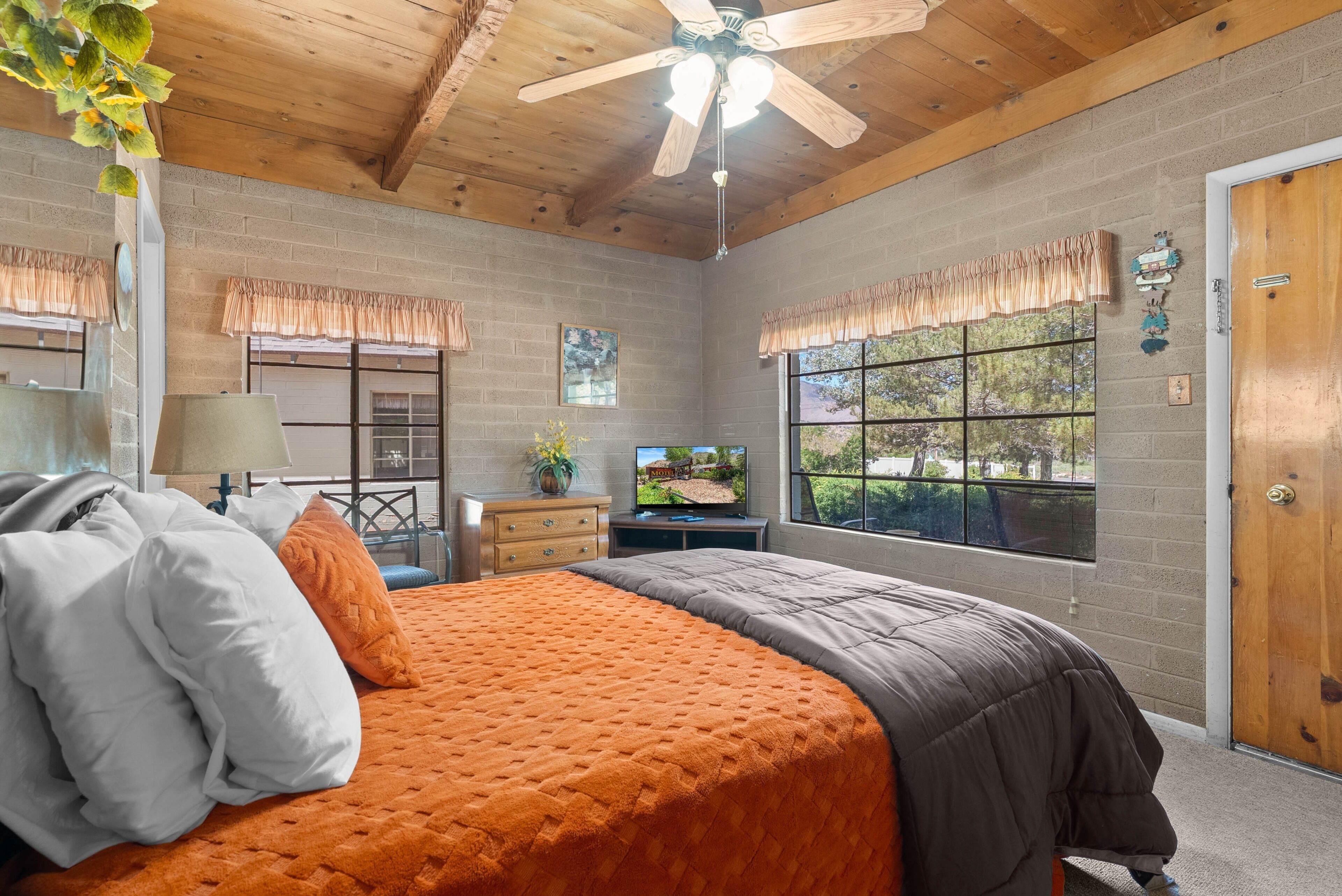 Cabaña estándar, 1 cama Queen size | Escritorio, tabla de planchar con plancha y wifi gratis 