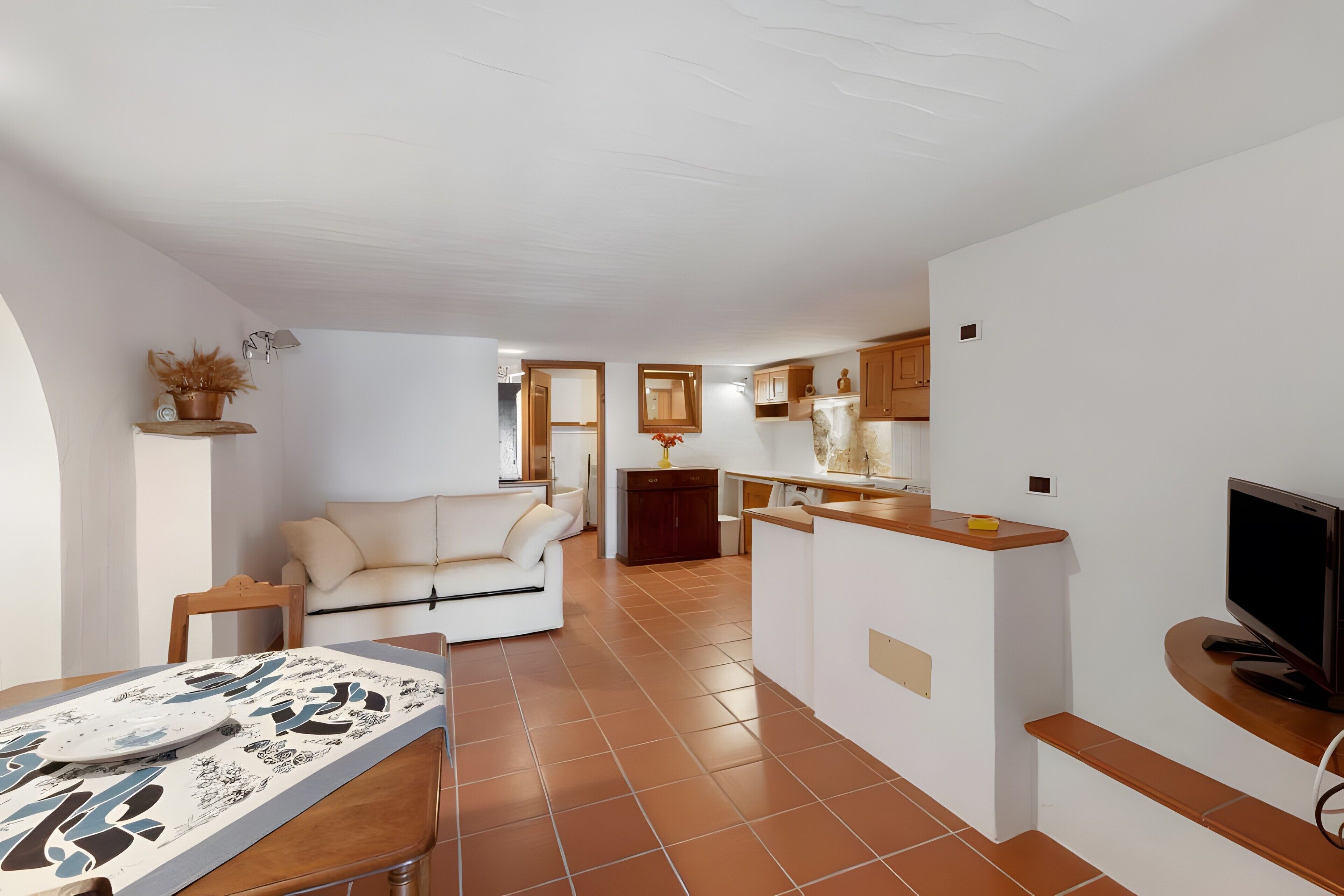 Un interno moderno con un divano, un tavolo da pranzo, angolo cottura e televisore.
