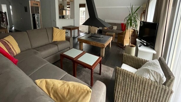 A modern living room with a sofa, coffee table, and a television. - Spacious apartment 8-12 guests with slope view (Gourette)