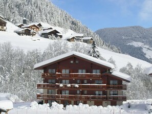 A multi-story lodge with balconies, surrounded by snow-covered trees and mountains. - Charming apartment at the foot of the slopes - 6 guests (Arêches-Beaufort)