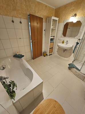 Hair dryer, towels, soap, toilet paper