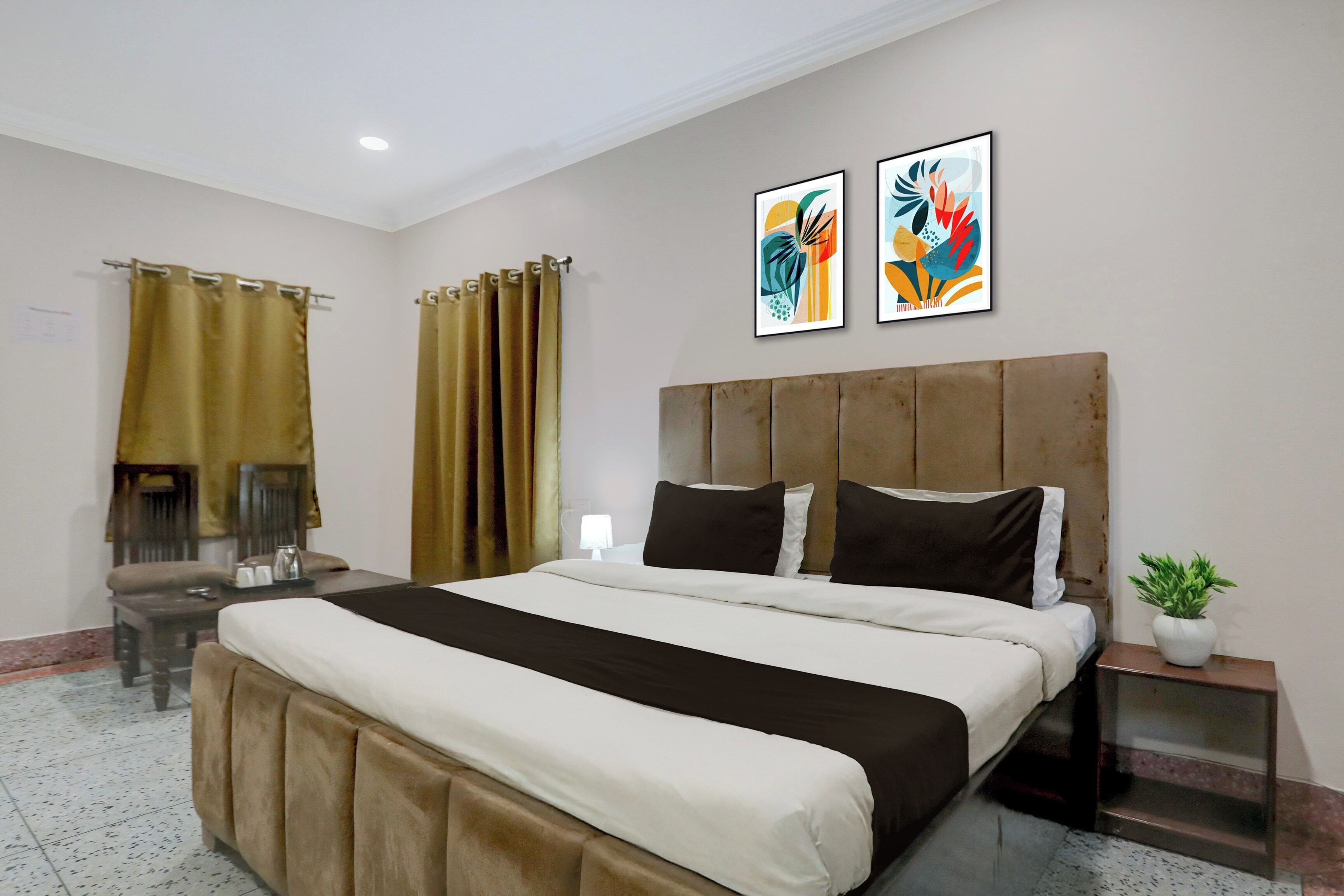 Habitación de hotel con una cama grande, una mesita de noche, una planta en maceta y dos cuadros abstractos en la pared.