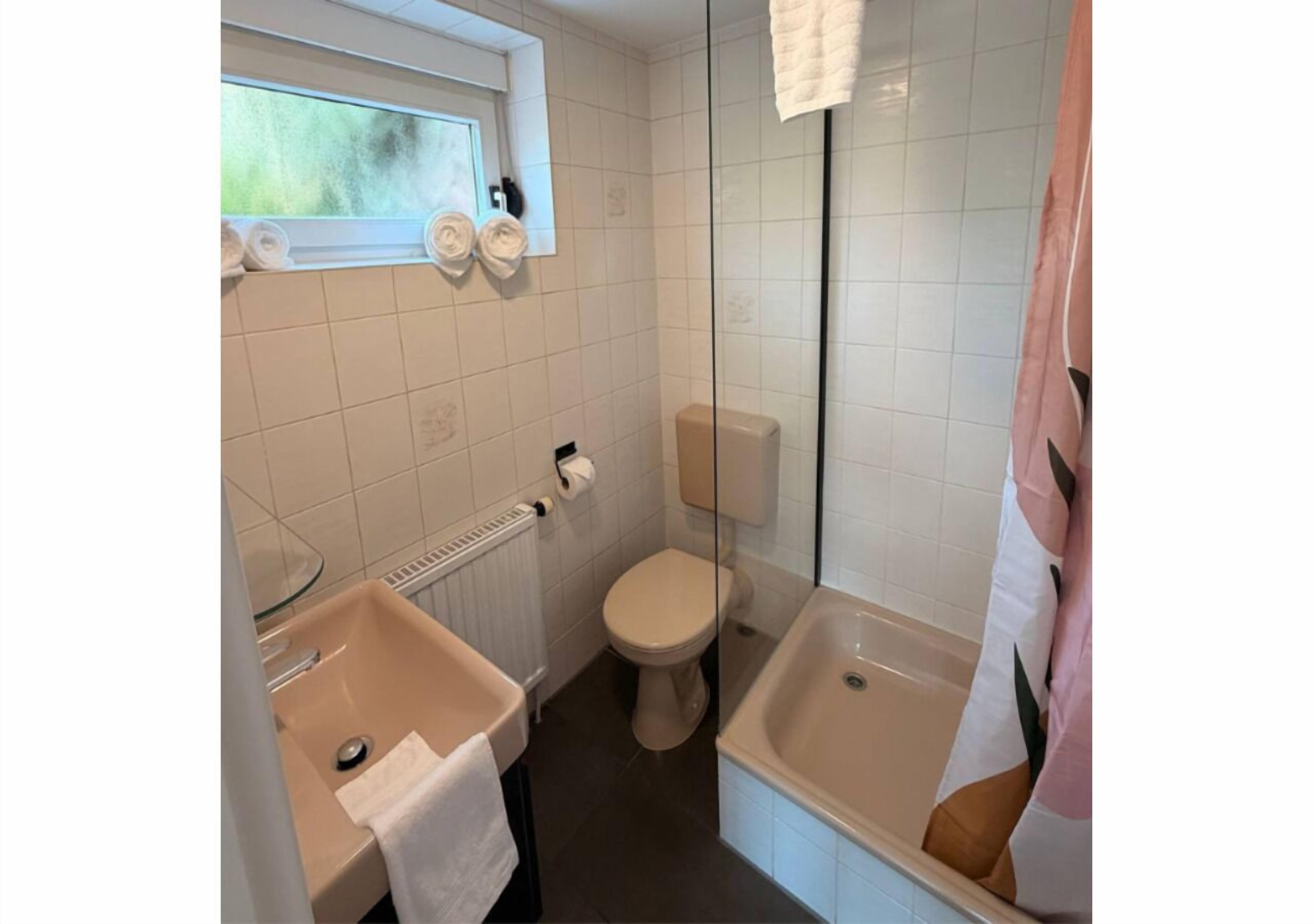 Dusj, hårføner, håndklær og toalettpapir