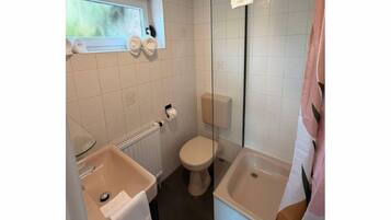 Dusj, hårføner, håndklær og toalettpapir