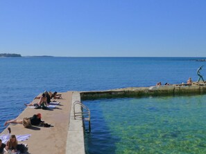 A pier with clear water, people sunbathing, and a sculpture. - Bower Break at Fairy Bower (Manly)
