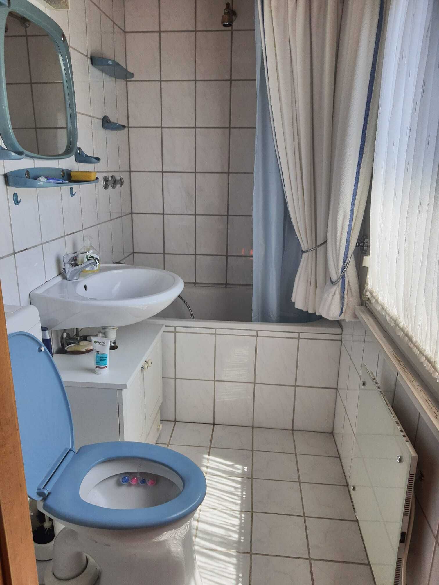 A small bathroom with a toilet, sink, and shower.