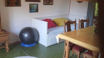 A room with a bed, a dining table, chairs, a round rug, exercise ball, and wall-mounted pictures.