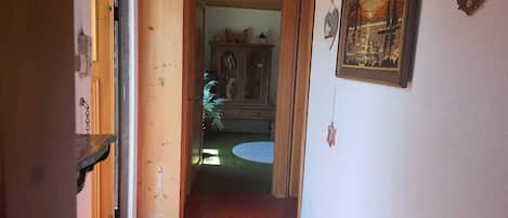 A hallway with a wooden door, a cabinet with glass doors, and a framed picture on the wall.