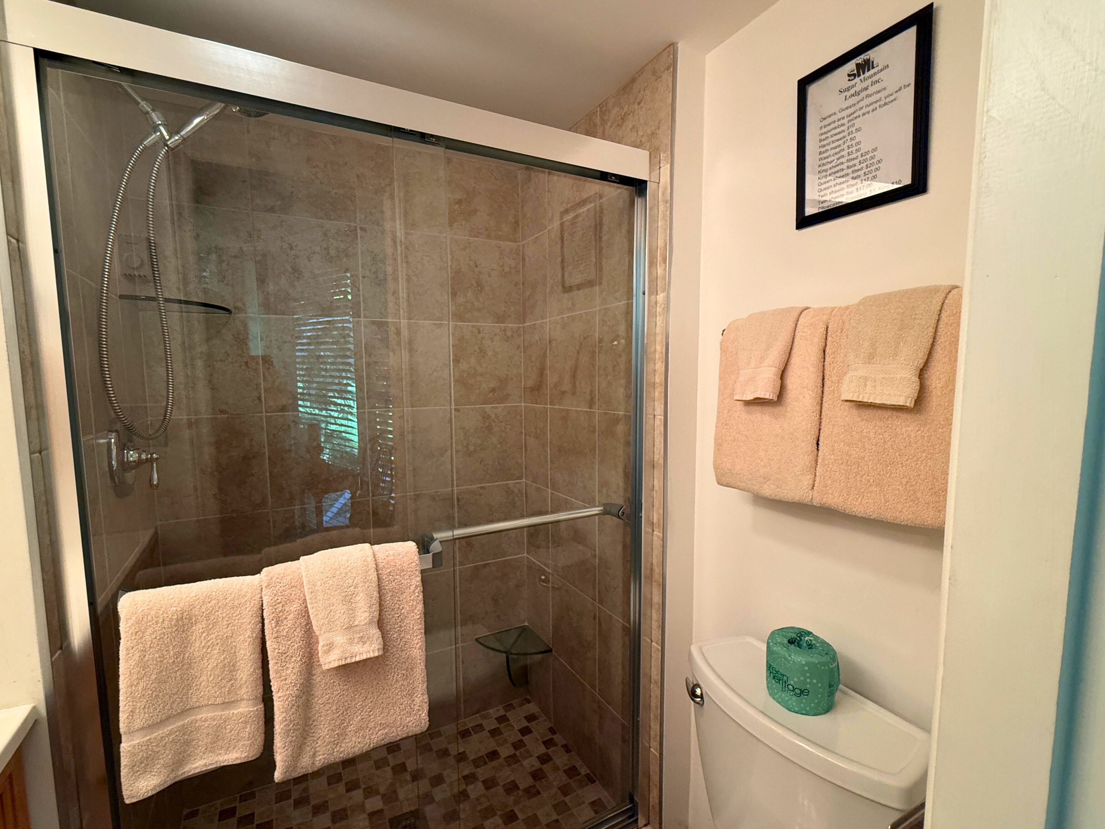 A glass-enclosed shower with a towel rack, a toilet with a green toilet paper holder, and a framed sign on the wall.