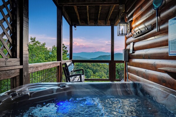 A hot tub with a view of mountains and trees. - New Listing, Game Room, Hot Tub, Free Attractions, Mountain View (Sevierville)