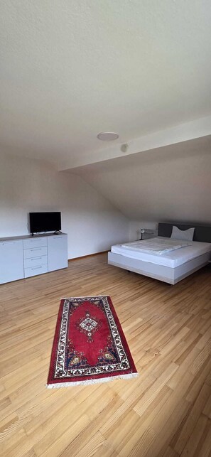 A bedroom with a bed, a television on a dresser, and a red rug on the floor. - Cozy Vacation Rental "Haus Anna" in the Beautiful Hochwald (Baldringen)