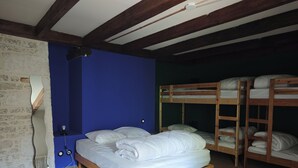 A room with a single bed, a bunk bed, and a wall with a unique design. - Domaine du Moulin Français - Along the River (Champougny)