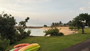 Un área verde con kayaks y una playa con palmeras.