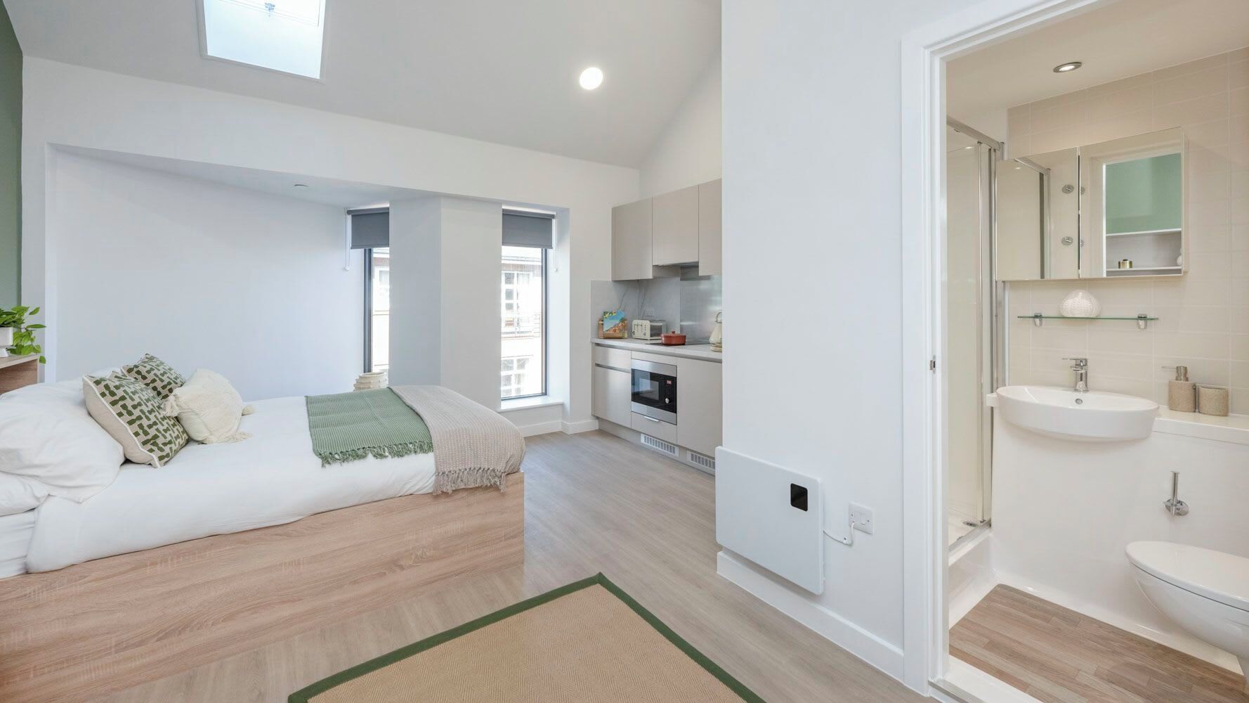 A modern apartment with a large bed, a kitchenette, and a bathroom.