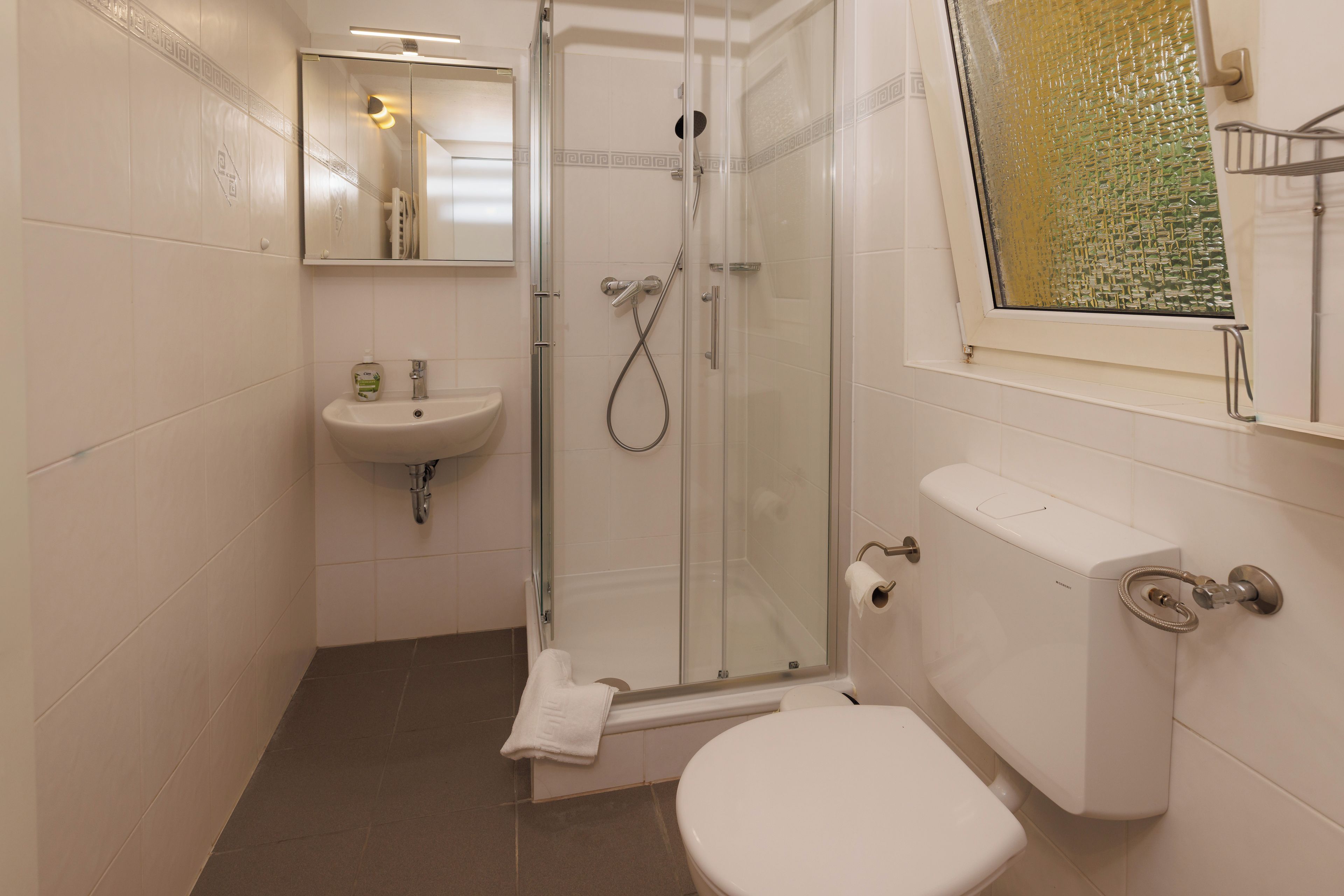 A bathroom with a glass-enclosed shower, a toilet, a sink, and a mirror.