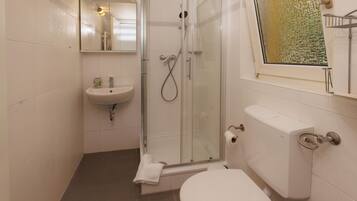 A bathroom with a glass-enclosed shower, a toilet, a sink, and a mirror.