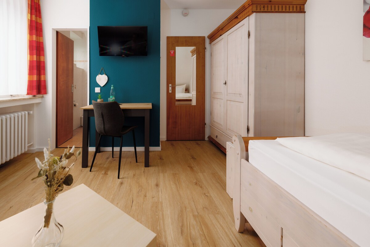 Een hotelkamer met een bed, bureau, stoel, televisie en een kledingkast.