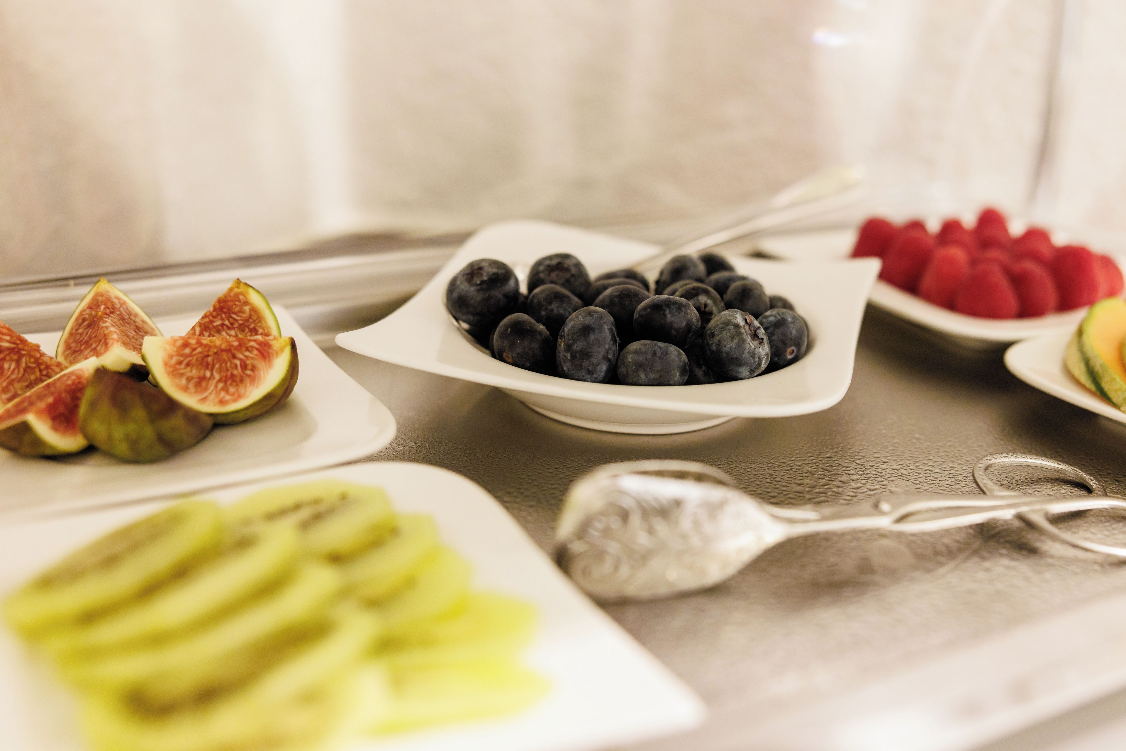 A buffet with various fruits and a spoon.