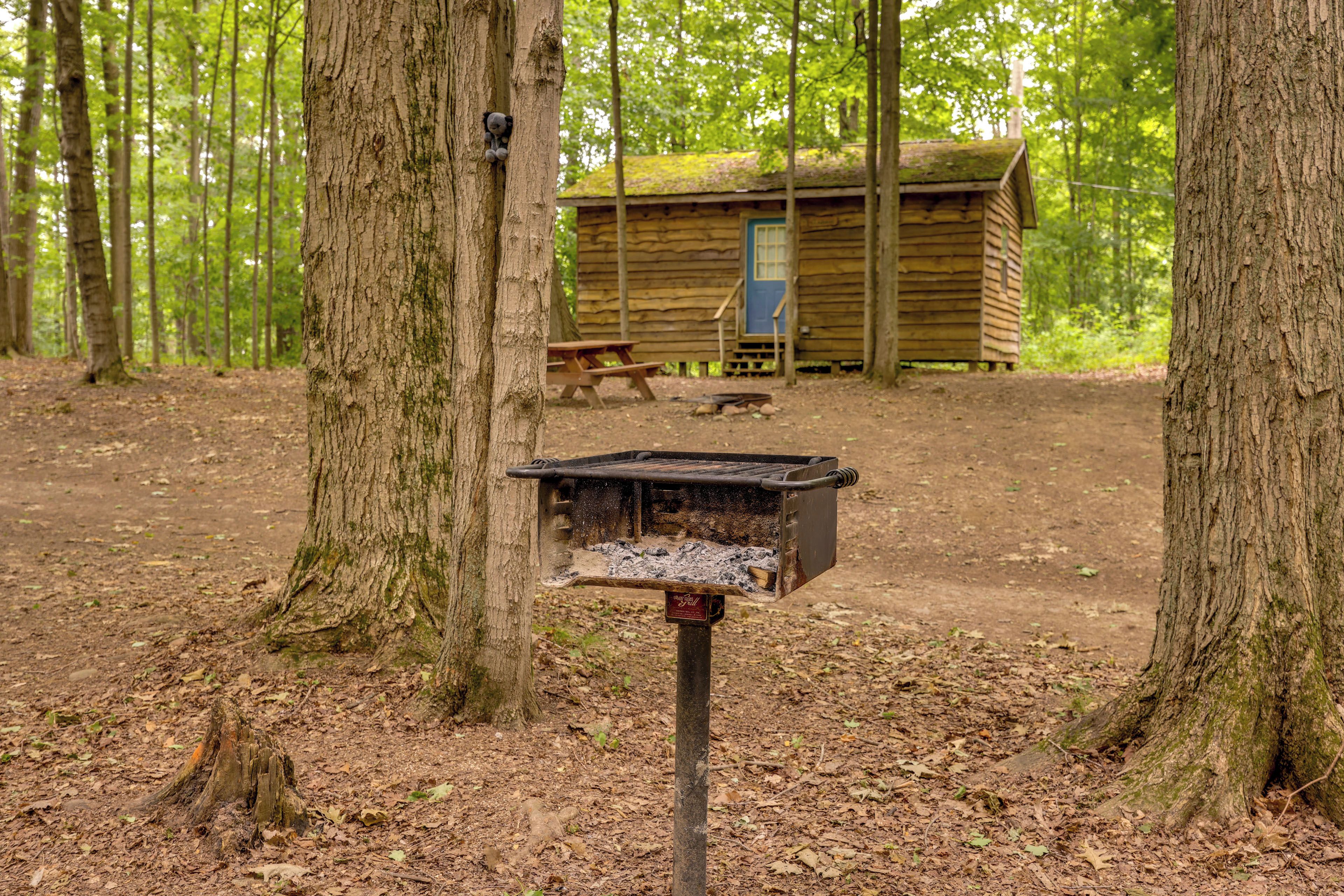 A rustic cabin in a forest with a picnic table and a bird feeder in the foreground.