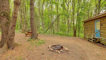 A rustic cabin with a fire pit and picnic table in a forested area.